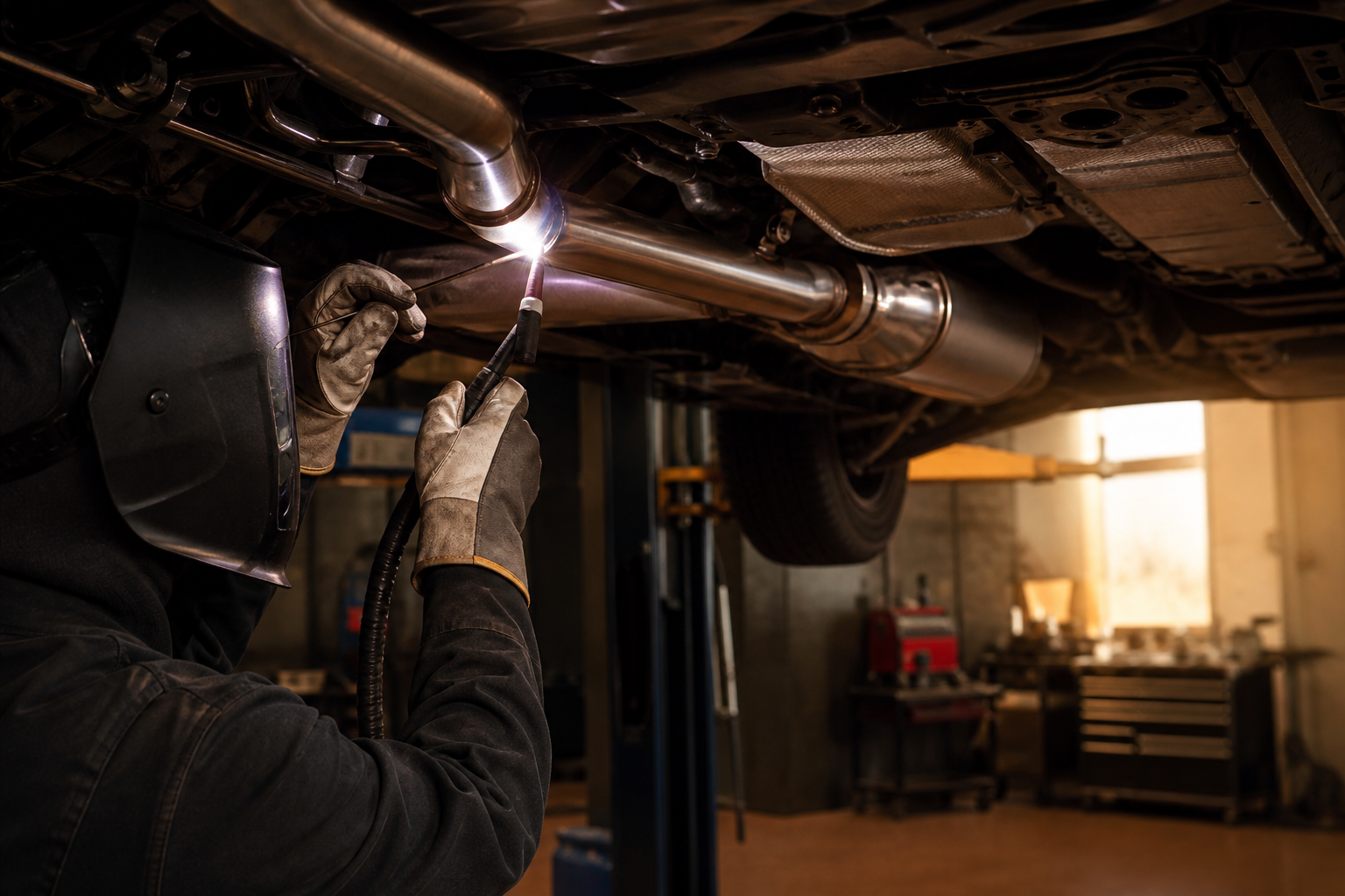 Alex Mufflers technician welding a vehicle exhaust system